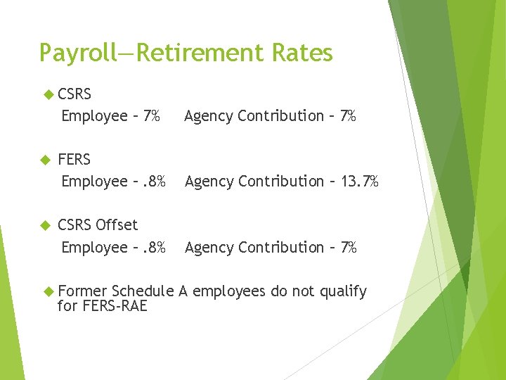 Payroll—Retirement Rates CSRS Employee – 7% Agency Contribution – 7% FERS Employee –. 8%