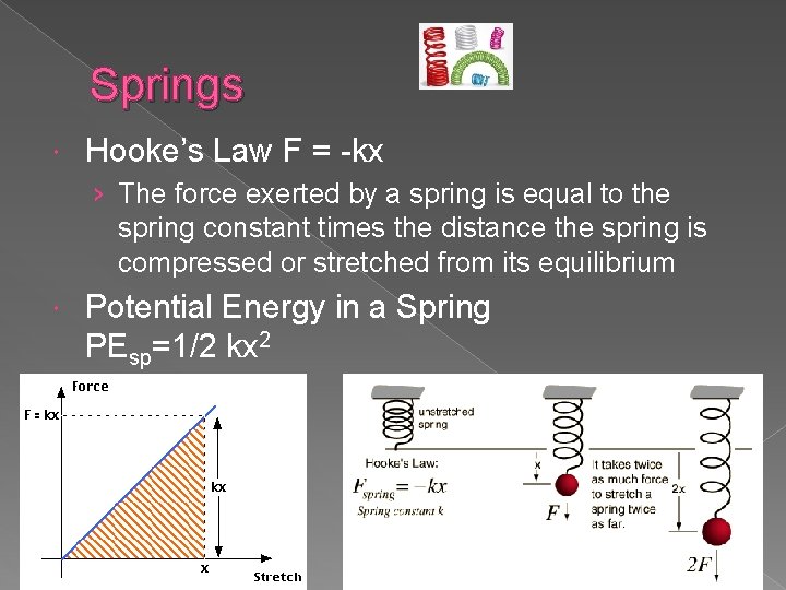 Springs Hooke’s Law F = -kx › The force exerted by a spring is