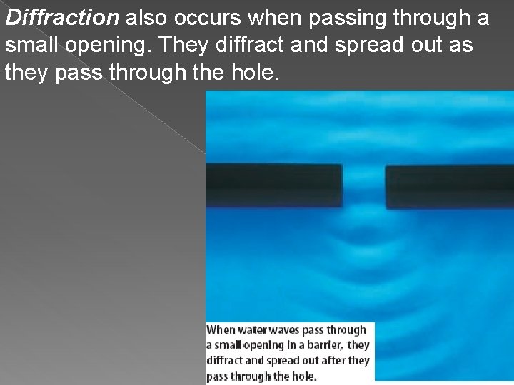 Diffraction also occurs when passing through a small opening. They diffract and spread out
