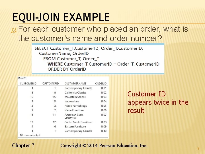 EQUI-JOIN EXAMPLE For each customer who placed an order, what is the customer’s name
