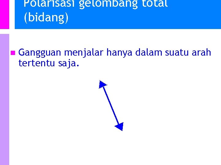 Polarisasi gelombang total (bidang) n Gangguan menjalar hanya dalam suatu arah tertentu saja. 