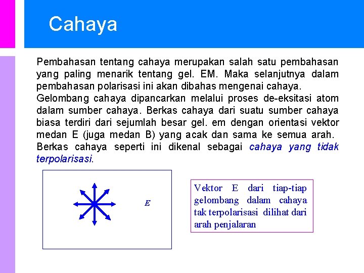 Cahaya Pembahasan tentang cahaya merupakan salah satu pembahasan yang paling menarik tentang gel. EM.