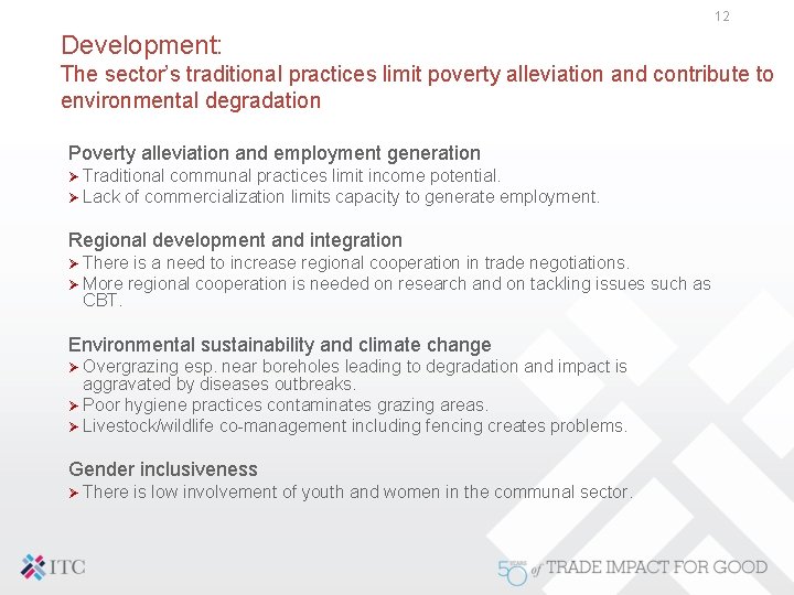 12 Development: The sector’s traditional practices limit poverty alleviation and contribute to environmental degradation