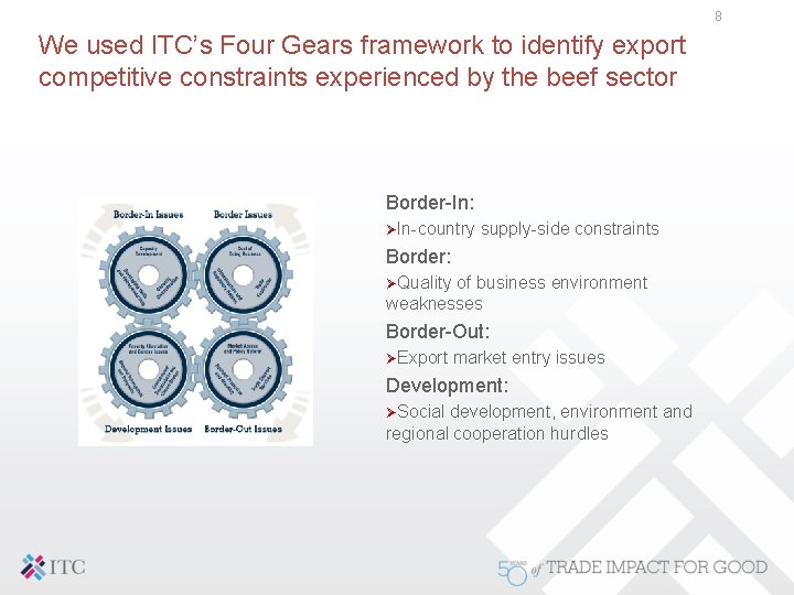 8 We used ITC’s Four Gears framework to identify export competitive constraints experienced by