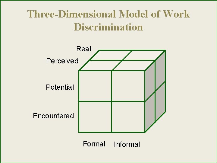 Three-Dimensional Model of Work Discrimination Real Perceived Potential Encountered Formal Informal 