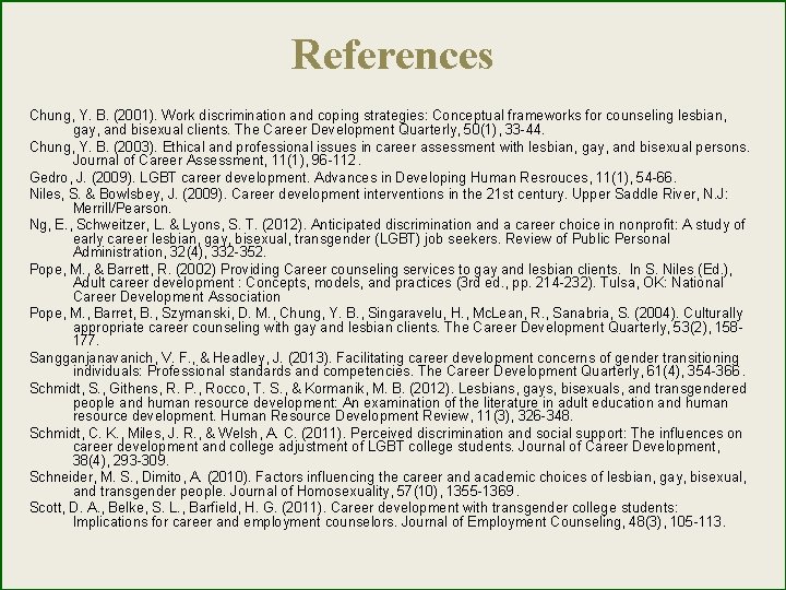 References Chung, Y. B. (2001). Work discrimination and coping strategies: Conceptual frameworks for counseling