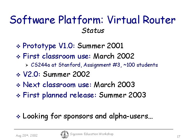 Software Platform: Virtual Router Status Prototype V 1. 0: Summer 2001 v First classroom