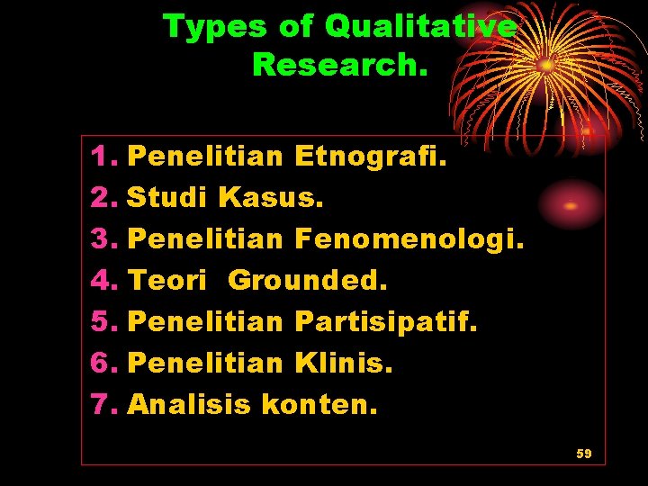 Types of Qualitative Research. 1. Penelitian Etnografi. 2. Studi Kasus. 3. Penelitian Fenomenologi. 4.