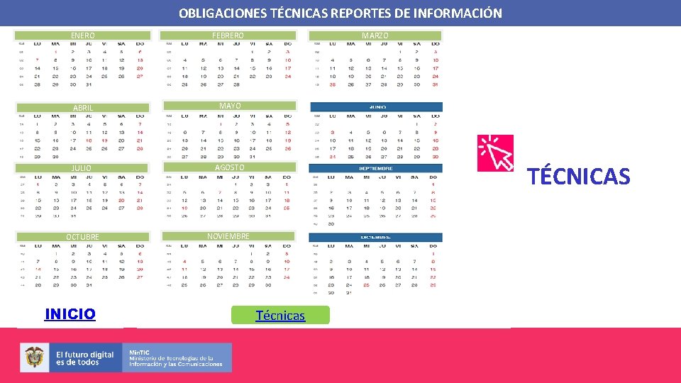 OBLIGACIONES TÉCNICAS REPORTES DE INFORMACIÓN ENERO FEBRERO ABRIL MAYO JULIO AGOSTO OCTUBRE NOVIEMBRE INICIO