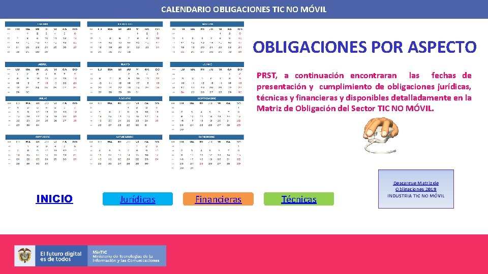 CALENDARIO OBLIGACIONES TIC NO MÓVIL OBLIGACIONES POR ASPECTO PRST, a continuación encontraran las fechas