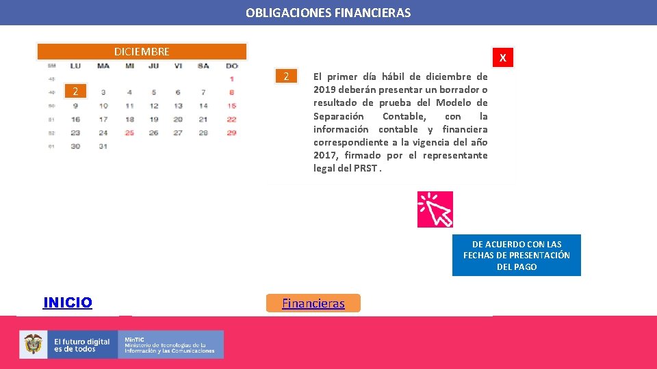 OBLIGACIONES FINANCIERAS DICIEMBRE X 2 2 30 31 El primer día hábil de diciembre