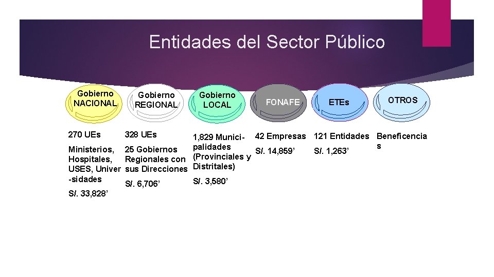 Entidades del Sector Público Gobierno NACIONAL 270 UEs Gobierno REGIONAL 328 UEs Gobierno LOCAL