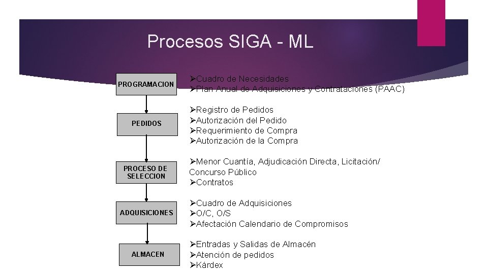 Procesos SIGA - ML PROGRAMACION PEDIDOS PROCESO DE SELECCION ADQUISICIONES ALMACEN ØCuadro de Necesidades