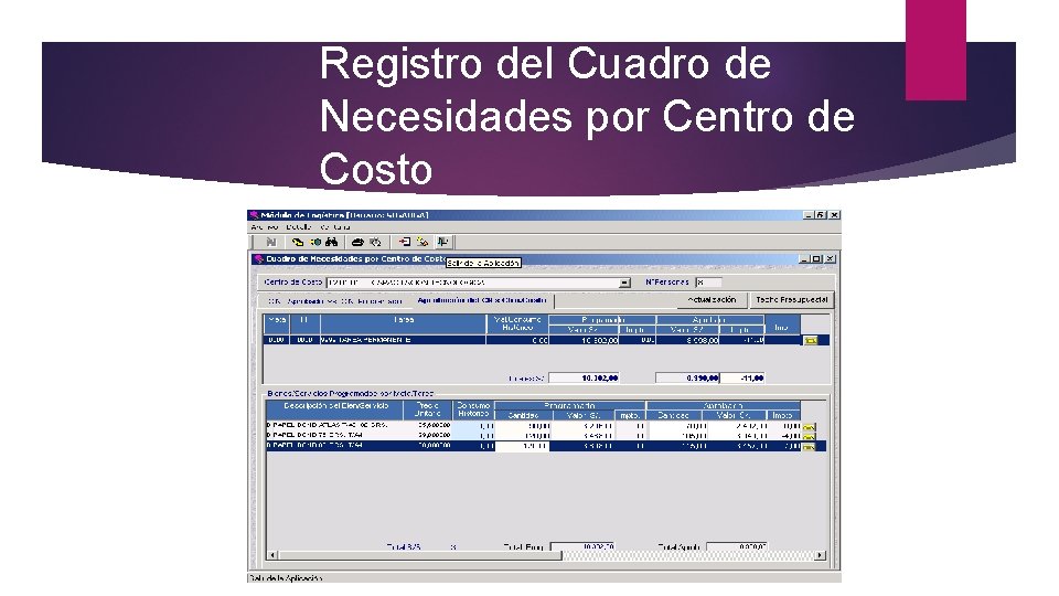 Registro del Cuadro de Necesidades por Centro de Costo 