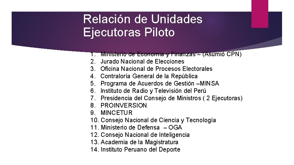 Relación de Unidades Ejecutoras Piloto 1. Ministerio de Economía y Finanzas – (Asumió CPN)