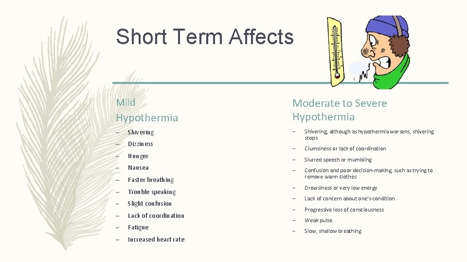 Short Term Affects Hypothermia Moderate to Severe Hypothermia – Shivering – – Dizziness Shivering,