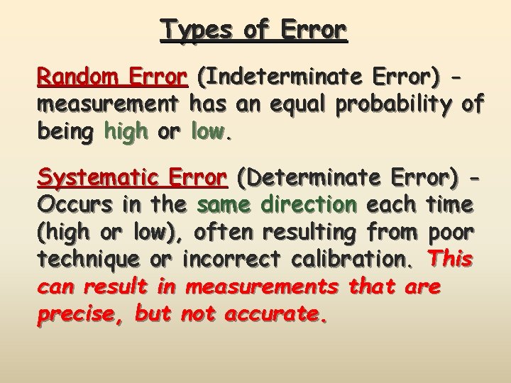 Types of Error Random Error (Indeterminate Error) measurement has an equal probability of being