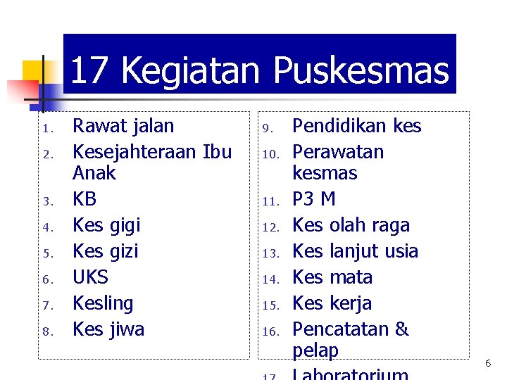 17 Kegiatan Puskesmas 1. 2. 3. 4. 5. 6. 7. 8. Rawat jalan Kesejahteraan