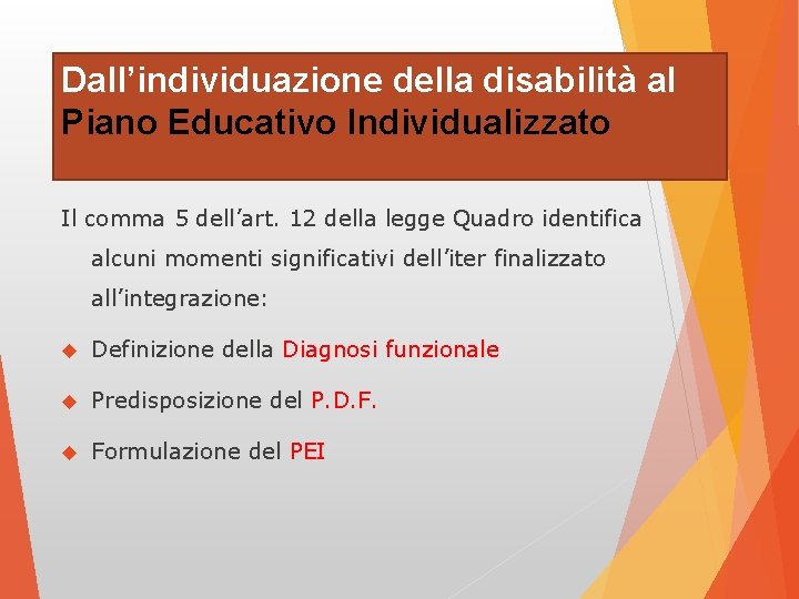 Dall’individuazione della disabilità al Piano Educativo Individualizzato Il comma 5 dell’art. 12 della legge