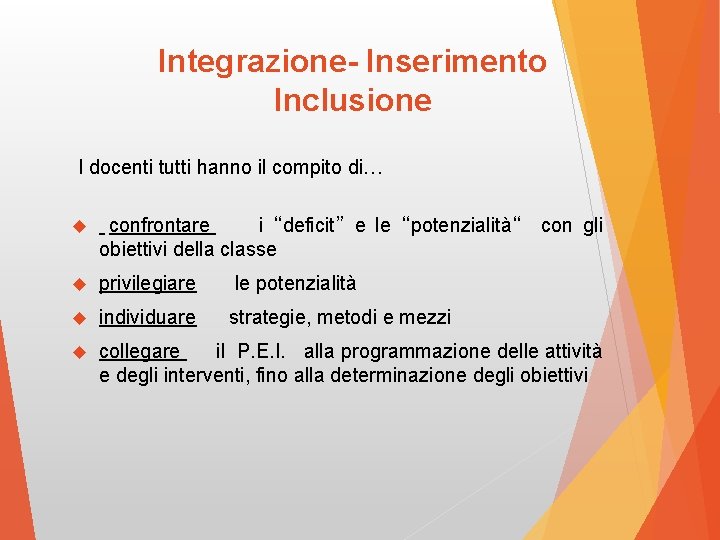 Integrazione- Inserimento Inclusione I docenti tutti hanno il compito di… confrontare i “deficit” e