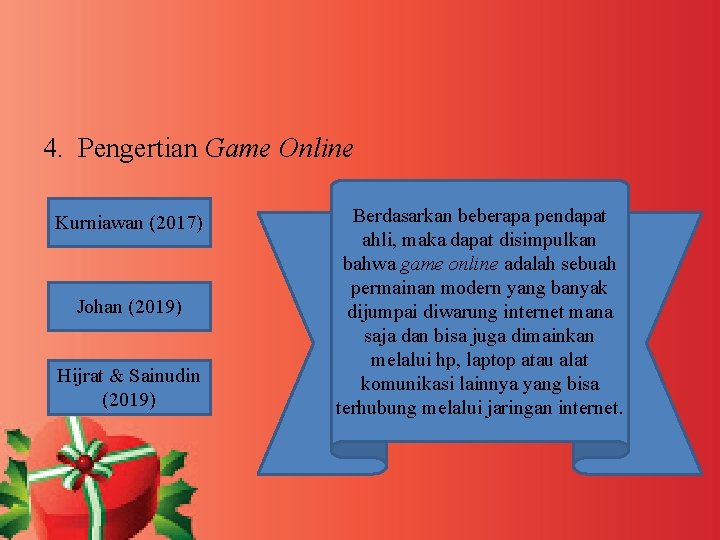 4. Pengertian Game Online Kurniawan (2017) Johan (2019) Hijrat & Sainudin (2019) Berdasarkan beberapa