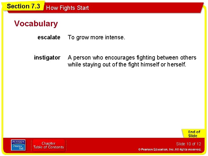 Section 7. 3 How Fights Start Vocabulary escalate instigator To grow more intense. A