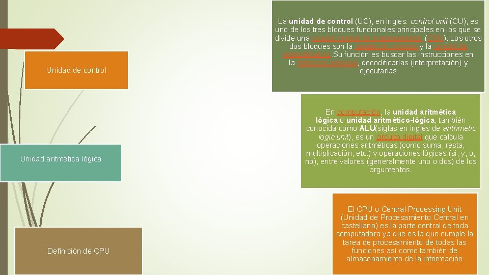 Unidad de control Unidad aritmética lógica Definición de CPU La unidad de control (UC),