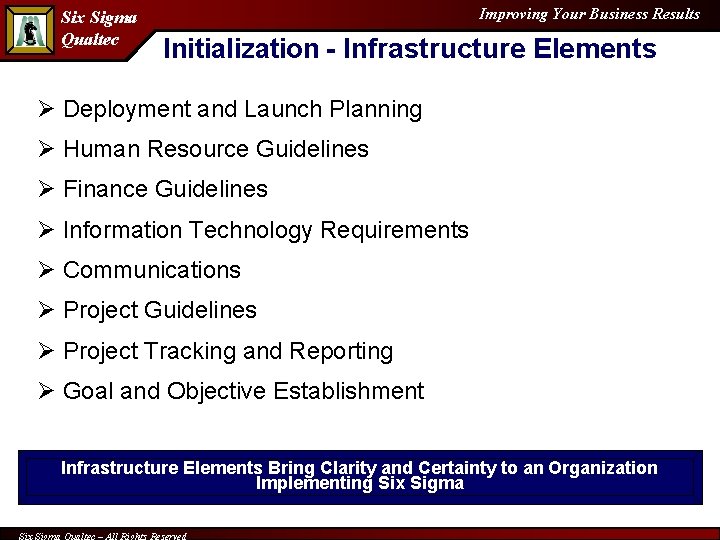Six Sigma Qualtec Improving Your Business Results Initialization - Infrastructure Elements Ø Deployment and