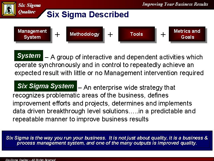 Six Sigma Qualtec Improving Your Business Results Six Sigma Described Management System + Methodology