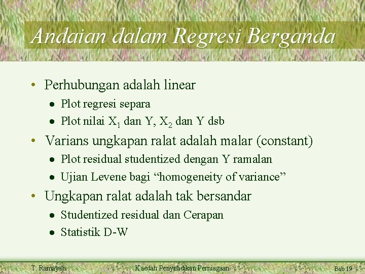 Andaian dalam Regresi Berganda • Perhubungan adalah linear · Plot regresi separa · Plot