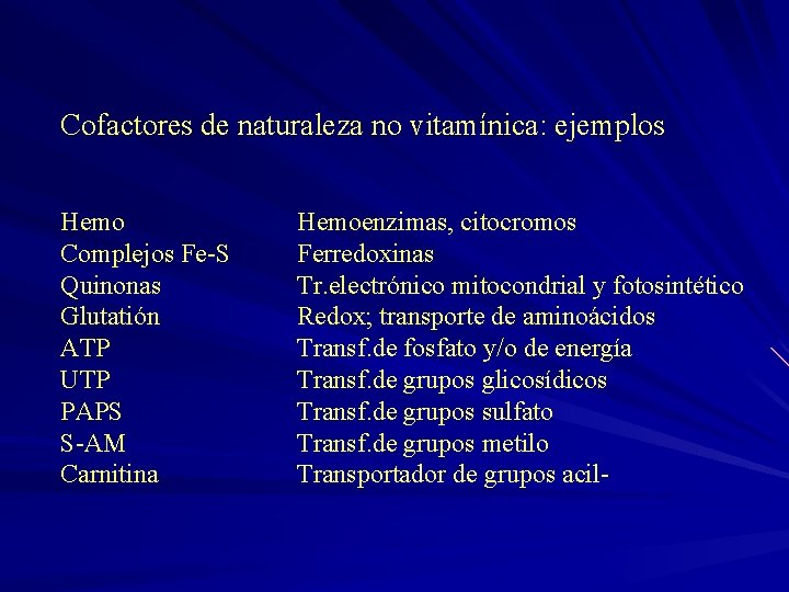 Cofactores de naturaleza no vitamínica: ejemplos Hemo Complejos Fe-S Quinonas Glutatión ATP UTP PAPS