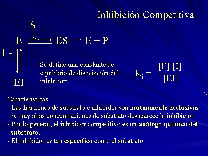 Inhibición Competitiva S E ES E + P I EI Se define una constante