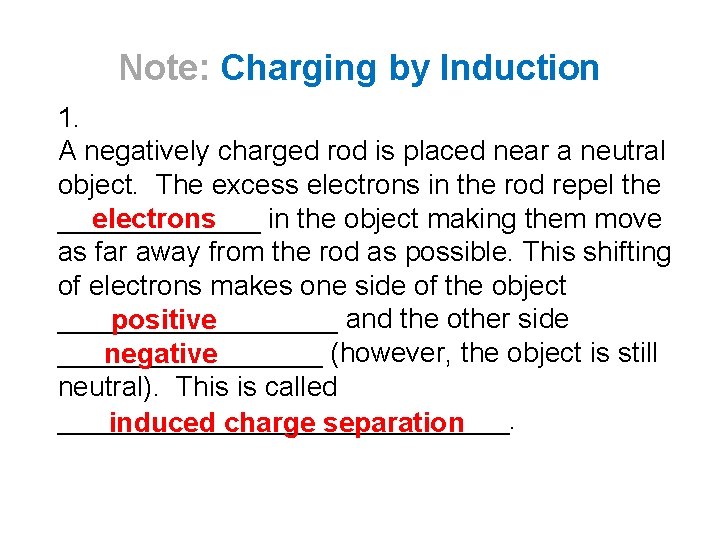 Note: Charging by Induction 1. A negatively charged rod is placed near a neutral