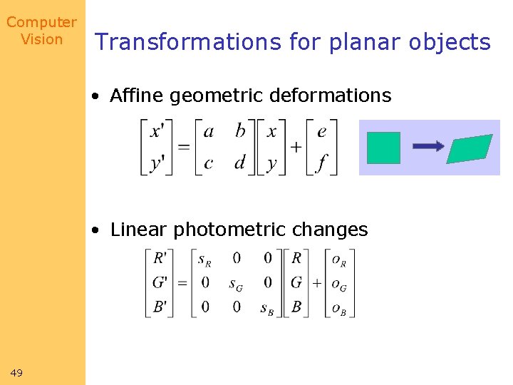 Computer Vision Transformations for planar objects • Affine geometric deformations • Linear photometric changes Computer Vision Transformations for planar objects • Affine geometric deformations • Linear photometric changes
