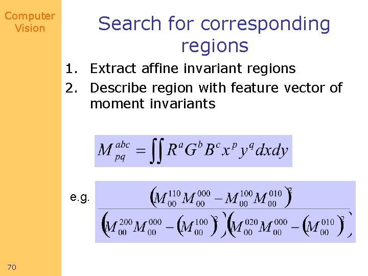 Computer Vision Search for corresponding regions 1. Extract affine invariant regions 2. Describe region Computer Vision Search for corresponding regions 1. Extract affine invariant regions 2. Describe region