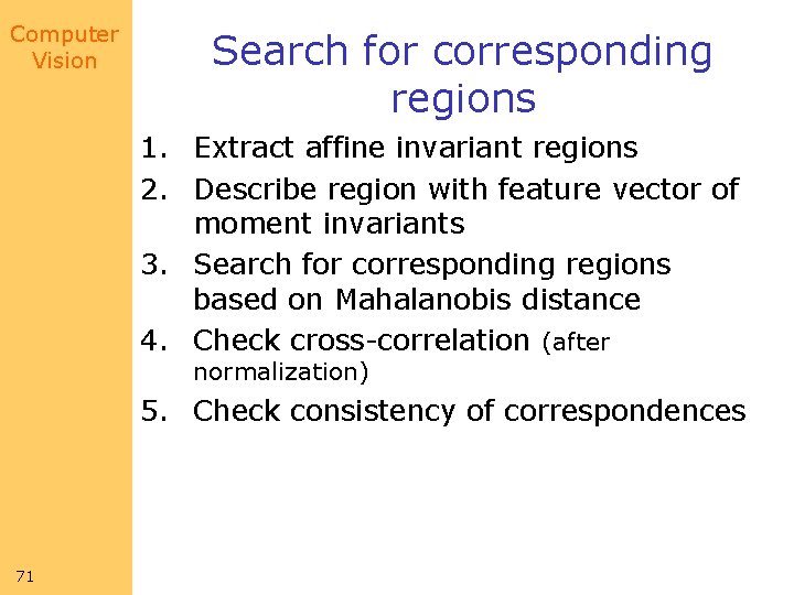 Computer Vision Search for corresponding regions 1. Extract affine invariant regions 2. Describe region Computer Vision Search for corresponding regions 1. Extract affine invariant regions 2. Describe region