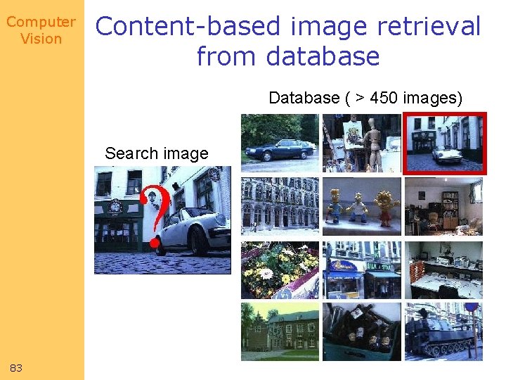 Computer Vision Content-based image retrieval from database Database ( > 450 images) Search image Computer Vision Content-based image retrieval from database Database ( > 450 images) Search image