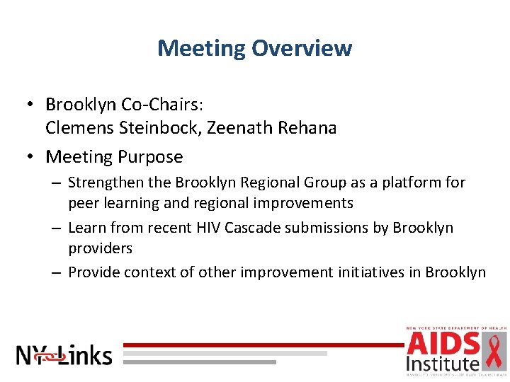 Meeting Overview • Brooklyn Co-Chairs: Clemens Steinbock, Zeenath Rehana • Meeting Purpose – Strengthen