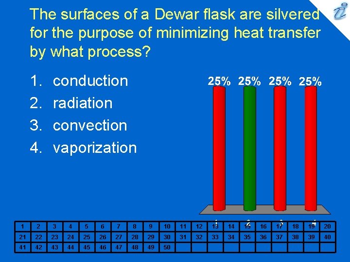 The surfaces of a Dewar flask are silvered for the purpose of minimizing heat