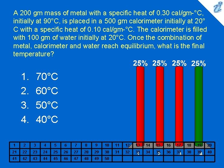 A 200 gm mass of metal with a specific heat of 0. 30 cal/gm-°C,