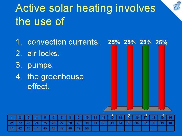 Active solar heating involves the use of 1. 2. 3. 4. convection currents. air