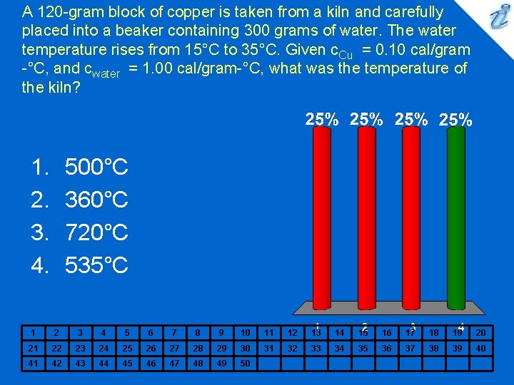 A 120 -gram block of copper is taken from a kiln and carefully placed