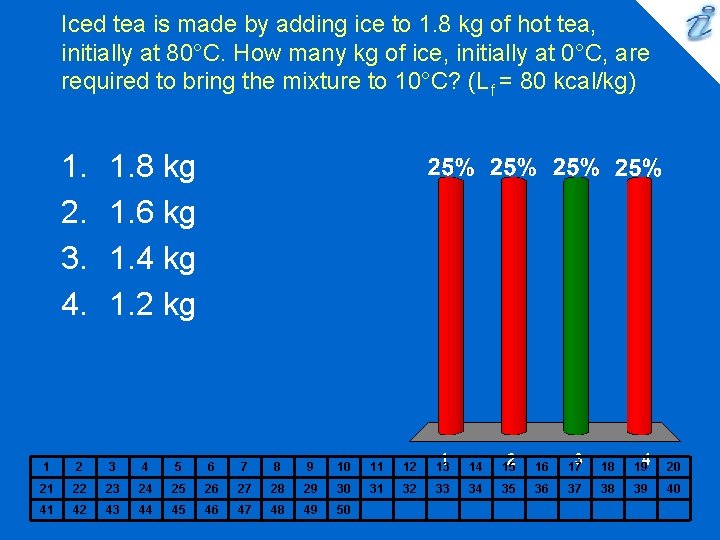 Iced tea is made by adding ice to 1. 8 kg of hot tea,