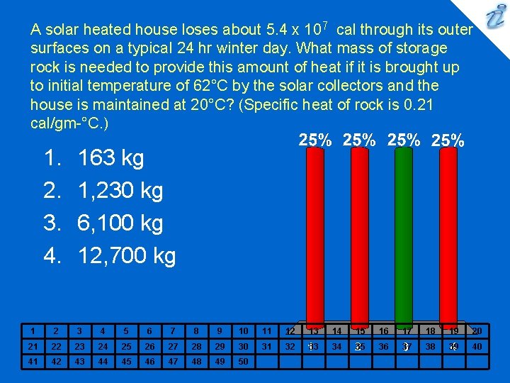 A solar heated house loses about 5. 4 x 107 cal through its outer