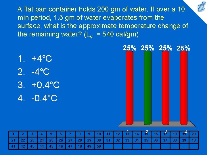 A flat pan container holds 200 gm of water. If over a 10 min