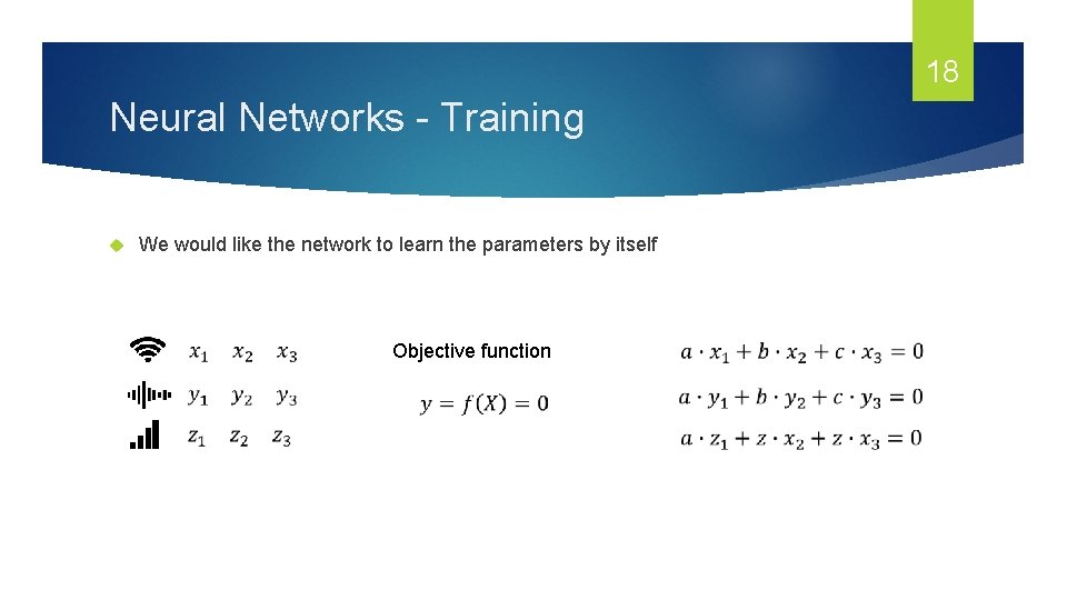 18 Neural Networks - Training We would like the network to learn the parameters