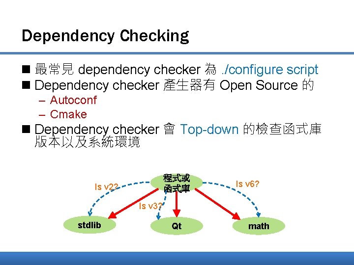 Dependency Checking n 最常見 dependency checker 為. /configure script n Dependency checker 產生器有 Open