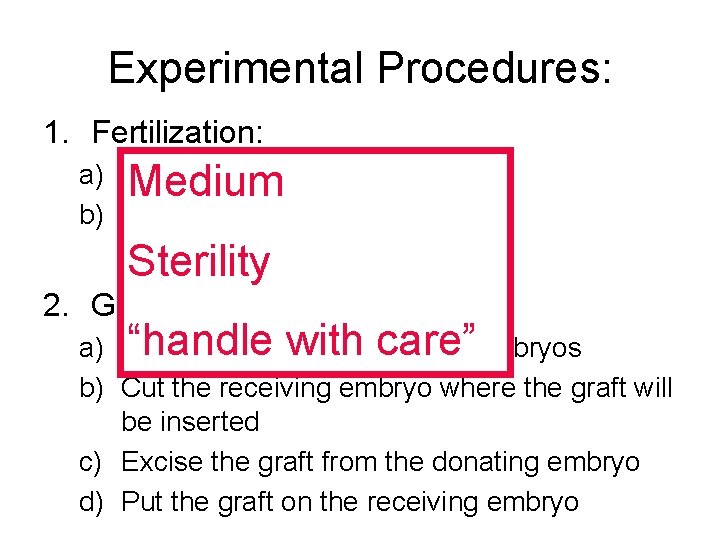 Experimental Procedures: 1. Fertilization: a) Exert sperm (testes) and eggs. Medium b) Manually fertilize