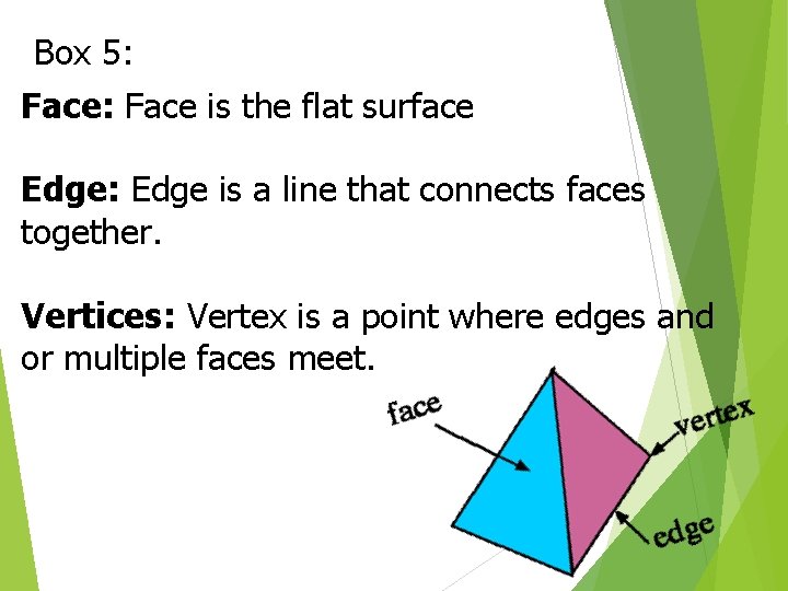 Box 5: Face: Face is the flat surface Edge: Edge is a line that