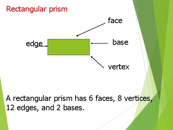Rectangular prism face edge base vertex A rectangular prism has 6 faces, 8 vertices, Rectangular prism face edge base vertex A rectangular prism has 6 faces, 8 vertices,